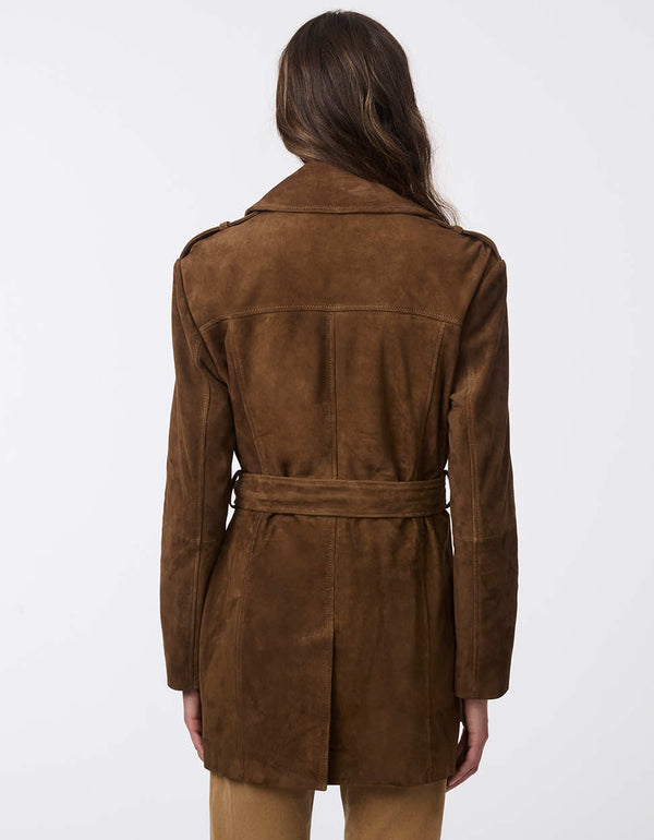 refined double breasted suede jacket with belt and large lapels perfect for a polished versatile look