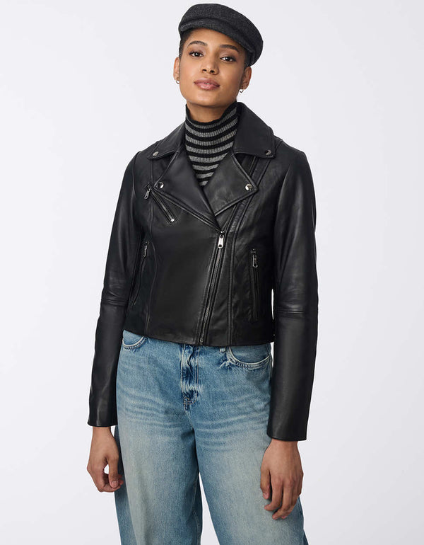 Women's Moto-style Leather Jacket with asymmetrical zipper, zippered pockets, and sleek silhouette. A versatile jacket to add edge.