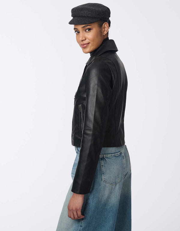 womens black jet leather jacket with classic fit and bold design perfect for adding an edgy touch to your fall wardrobe