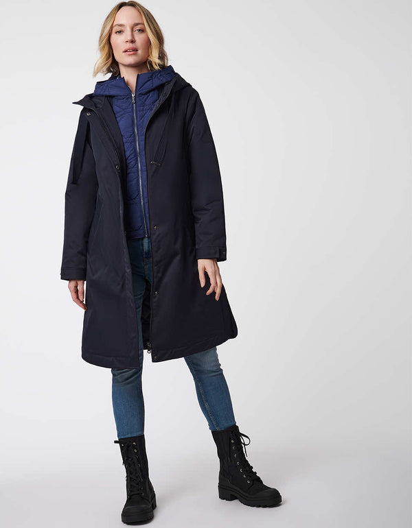 womens raincoat in deep ocean featuring stylish and functionable water resistant and ecoplume insulation materials