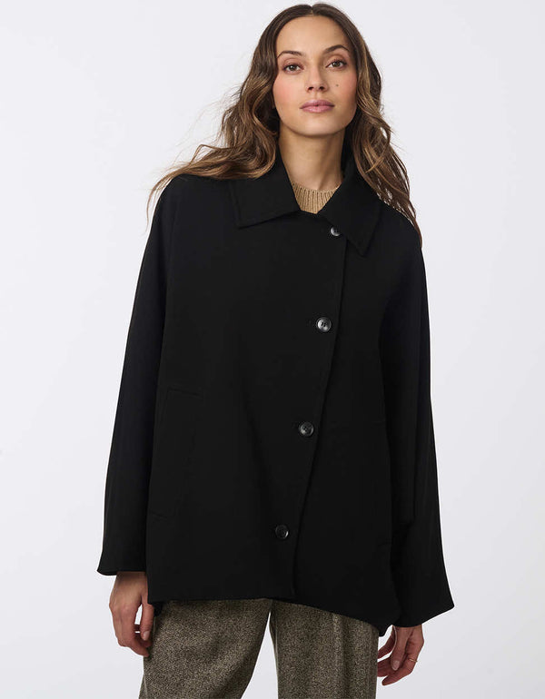 black wool coat in an oversized fit with full button  up enclosure and an open collar made from wool blend for women