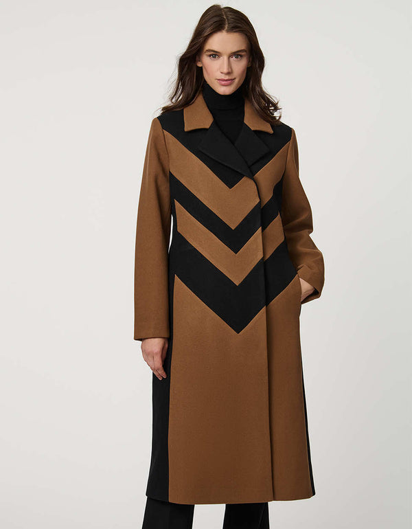womens semi fitted calf length coat with bold chevron pattern in black and brown for a modern sophisticated look