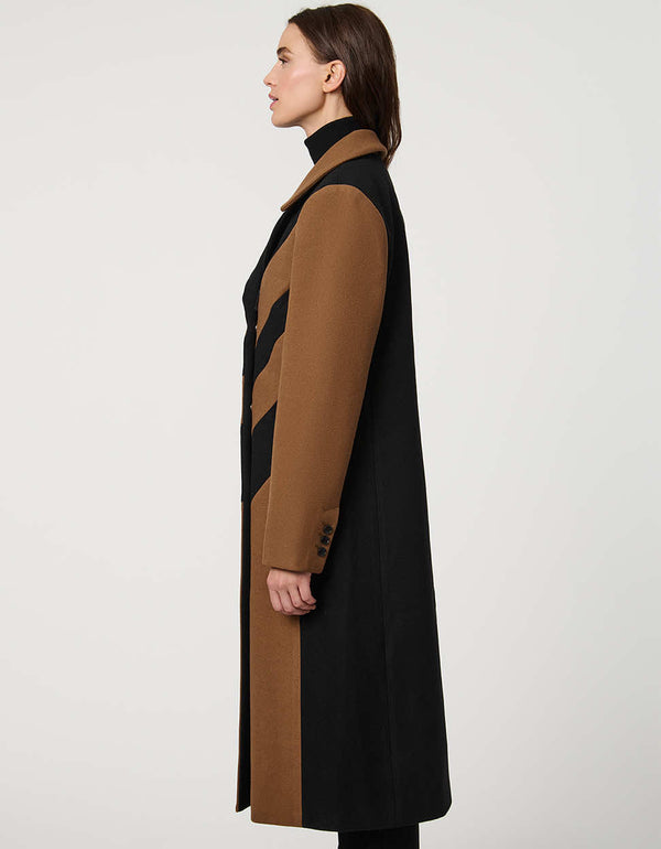 womens semi fitted calf length coat with bold chevron pattern in black and brown for a modern sophisticated look
