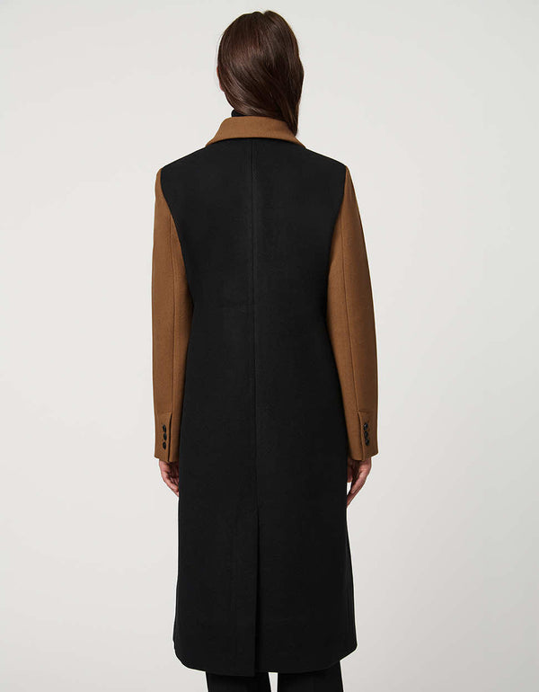 womens semi fitted calf length coat with bold chevron pattern in black and brown for a modern sophisticated look