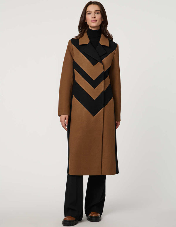 womens semi fitted calf length coat with bold chevron pattern in black and brown for a modern sophisticated look