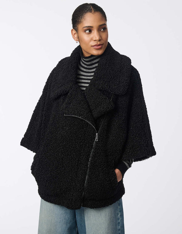 black teddy coat for women with moto-inspired style and an oversized silhouette for a contemporary bold look