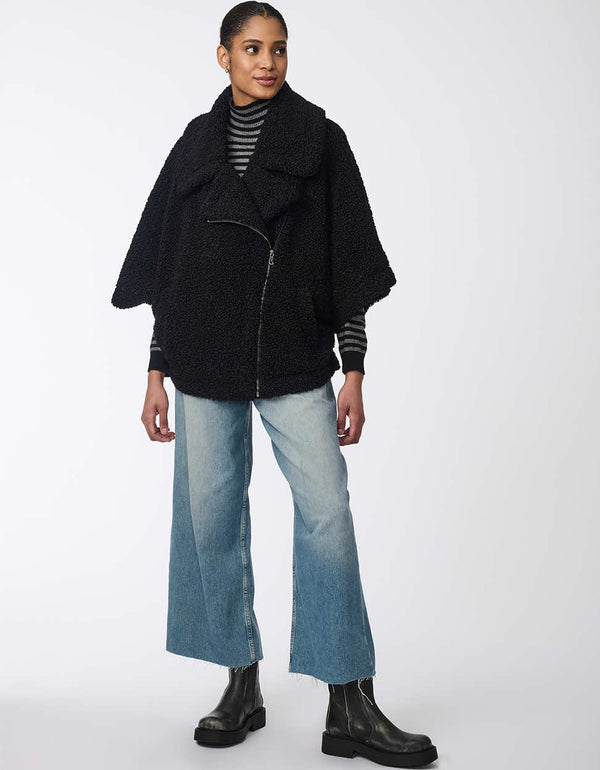 cozy comfort of a teddy coat with a moto-inspired edge featuring extra-wide sleeves and an oversized fit for women