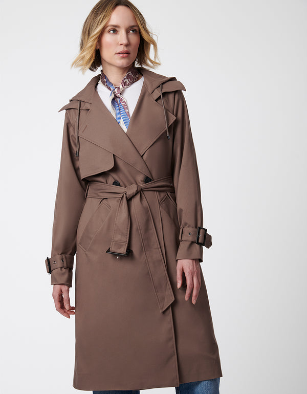 brown hooded trench coat made from water resistant polyester with a classic silhouette and modern touches