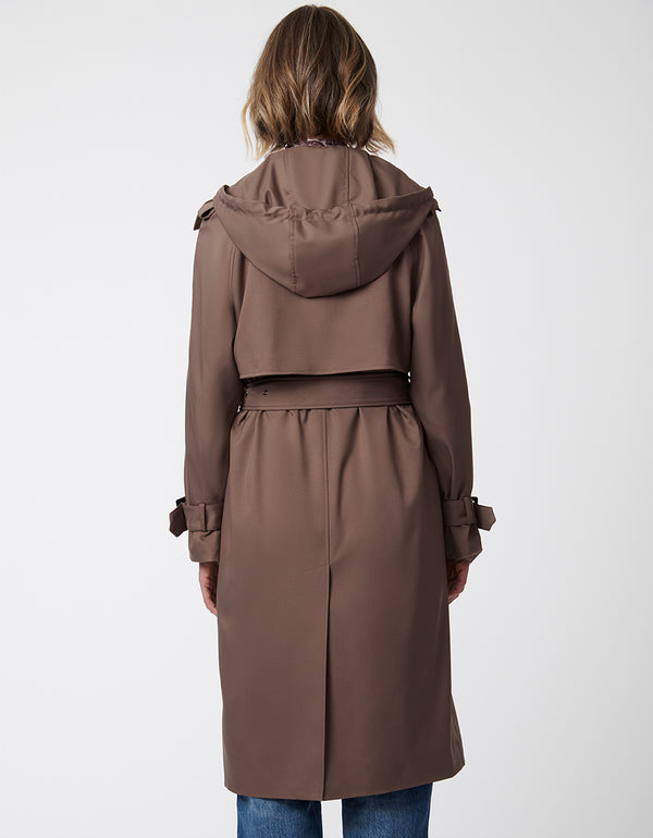 water resistant recycled polyester trench coat with an adjustable hood made for the modern woman