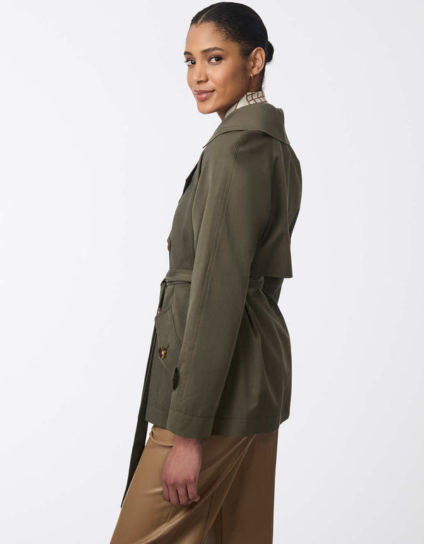 fully button up army green hip length trench coat with tortoise buttons and water resistant fabric for women