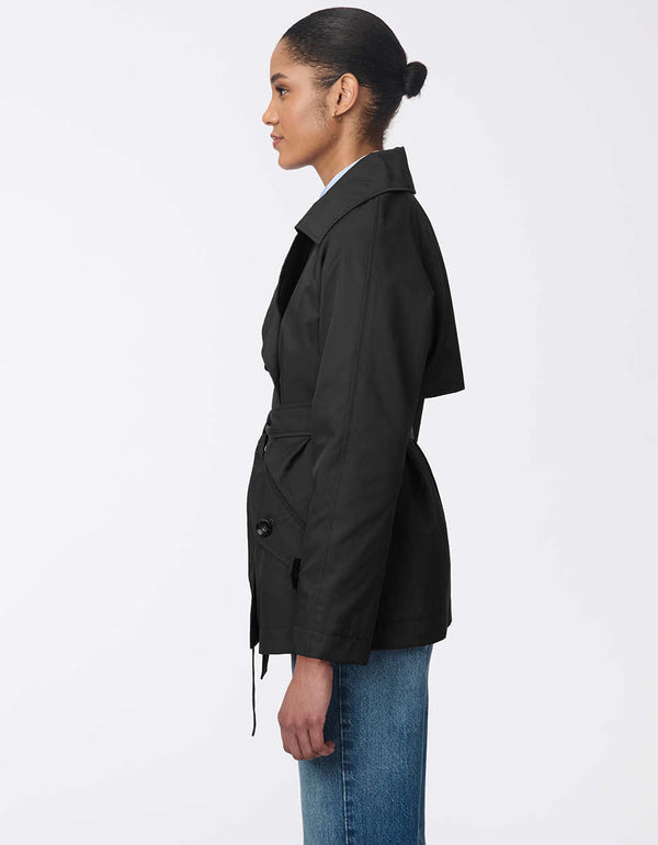 fully button up black hip length trench coat with tortoise buttons and water resistant fabric for women