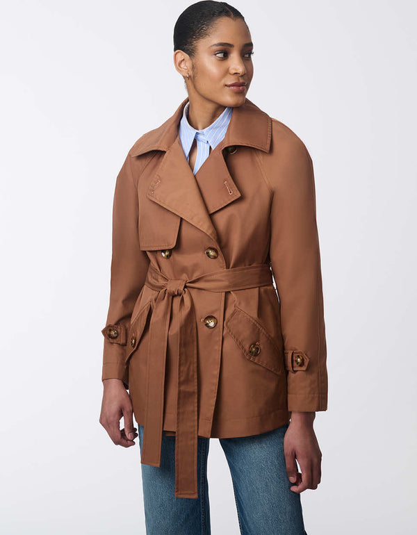 water resistant button up trench coat for women in dark brown complete with adjustable belt