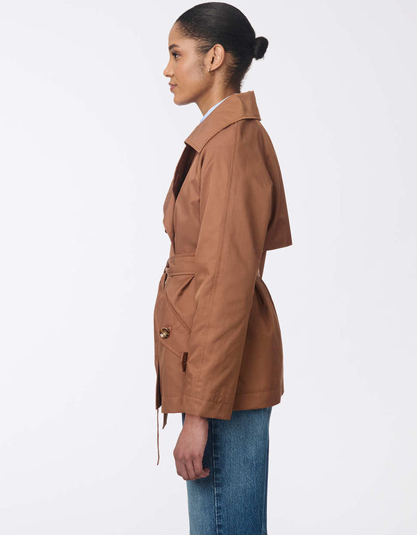 weather resistant classic fitting hip length trench coat for women in an elegant brown colorway