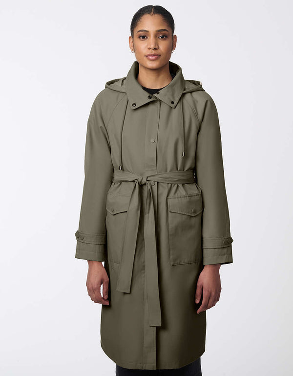 versatile water resistant trench coat for women with adjustable belt and removable hood in army green