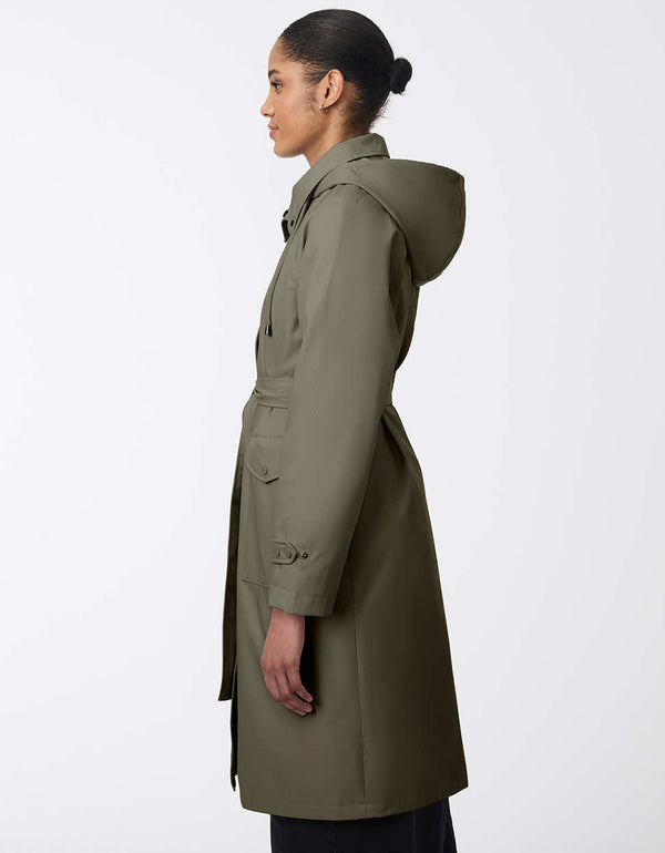 modern knee length trench coat in army green for women made from water resistant fabric and removable hood