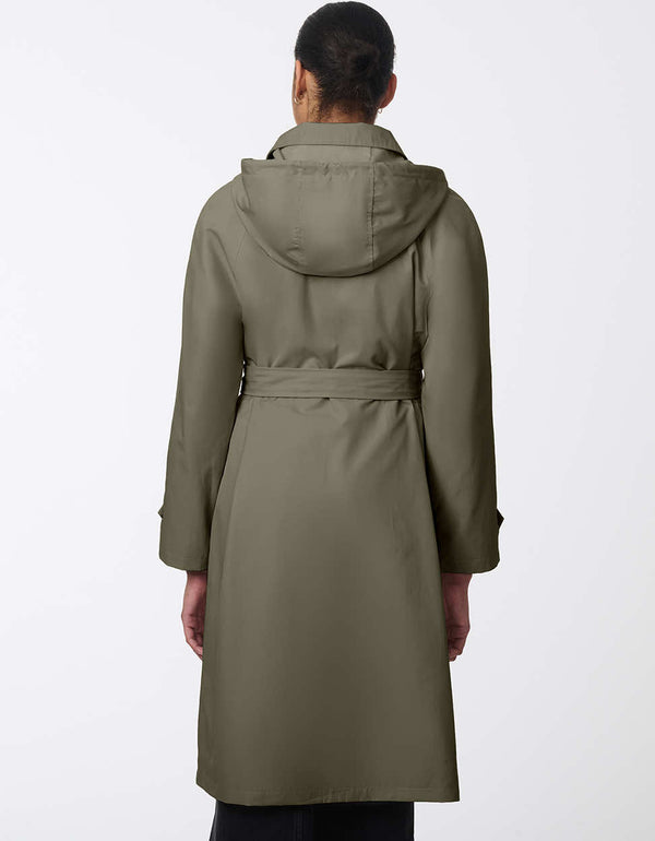 chic and stylish water resistant trench coat for women in army green with a removable hood and adjustable belt