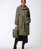 knee length trench coat for women with stylish patch pockets and water resistant fabric in army green