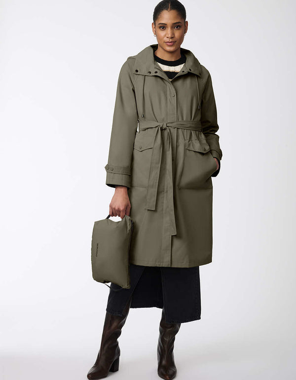 knee length trench coat for women with stylish patch pockets and water resistant fabric in army green