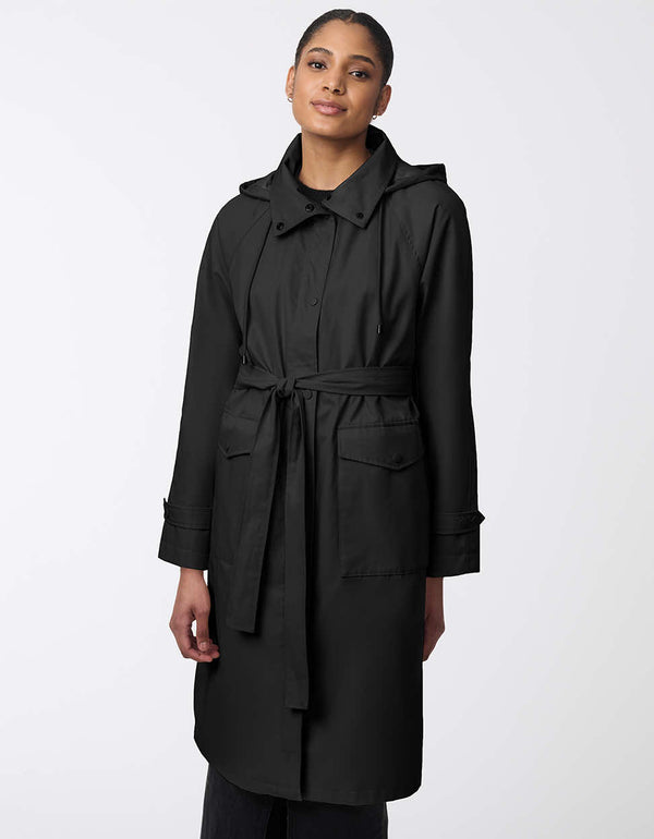 knee length trench coat in black made from water resistant fabric with patch pockets for women