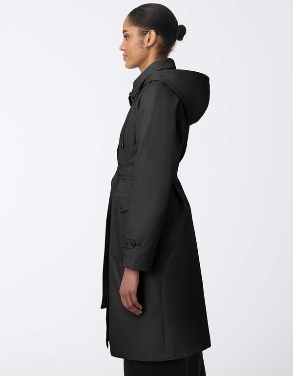 lightweight and packable trench coat with removable hood for women in a black colorway for the rainy season