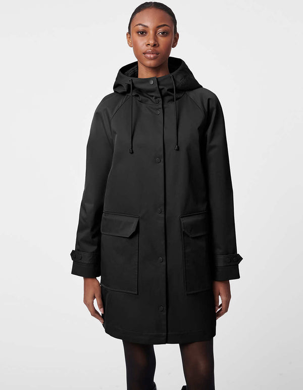 womens knee length black button up two pocket hooded rain coat made from recycled polyester