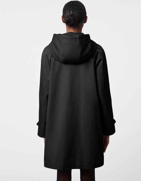 premium black rain coat with double stitched hood made from recyclable materials for women