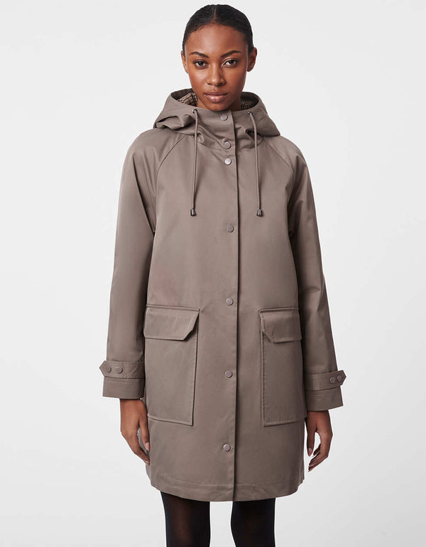 button up knee length hooded rain coat for women with adjustable cuffs made to be the perfect fall essential