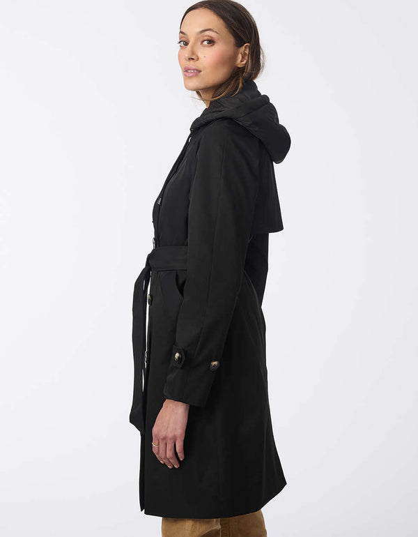 black knee length trench coat for women with a button up enclosure and removable zip up bib for better insulation