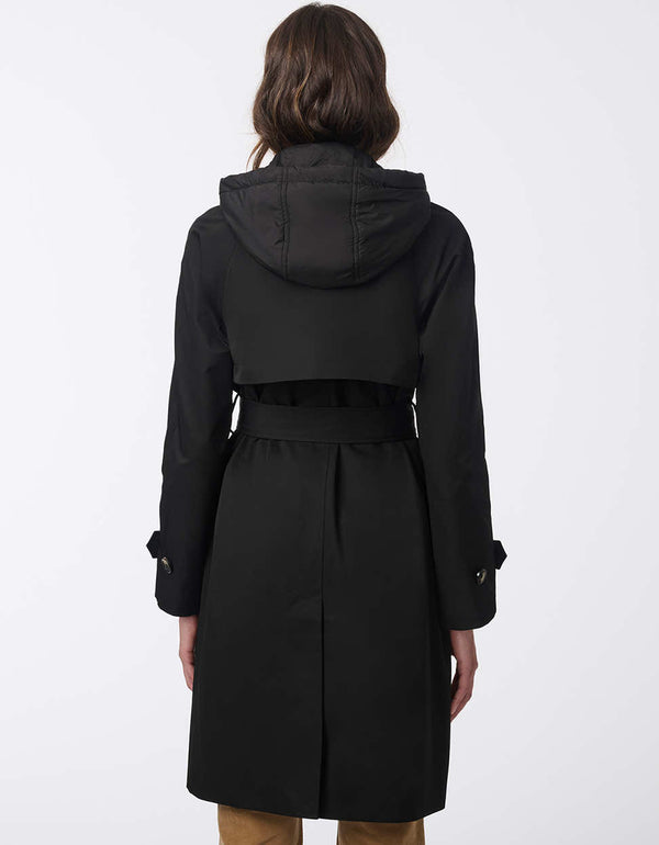 hooded black trench coat for women with adjustable belt and removable hood and zip up bib for comfort and insulation