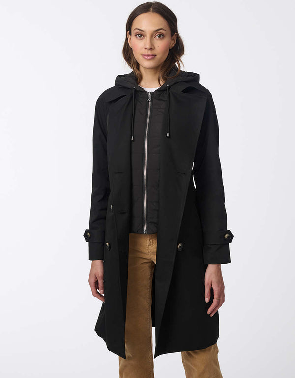 knee length trench coat with removable hood and bib for women in a black colorway made from sustainable materials