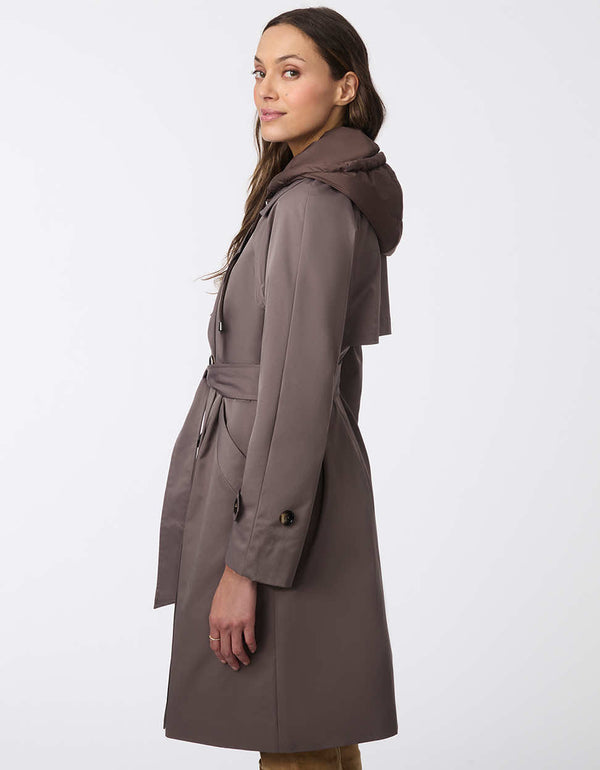 classic and chic dark oak water resistant trench coat for women with insulated bib and removable hood for warmth