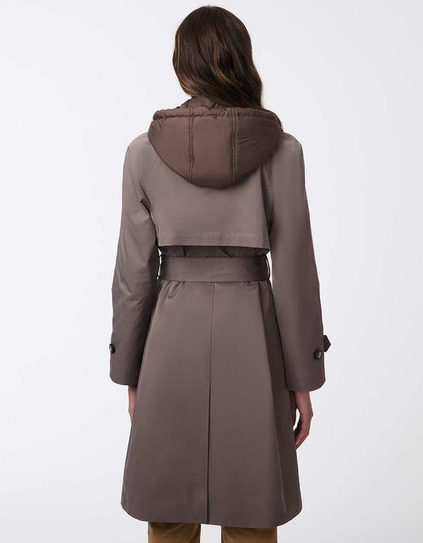 belted trench coat for women in dark oak made from sustainable materials and a removable hood and bib