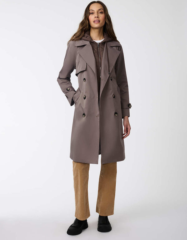 dark oak water resistant trench coat for women with a zip up enclosure and removable zip up bib for insulation