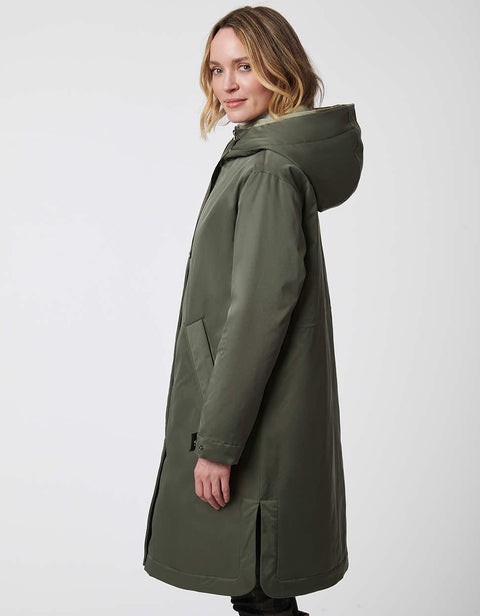 customizable utility raincoat in dusty olive designed with a bungy belt and hood for comfort and style