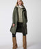 womens long length utility raincoat in sage green with water resistant outer layer material and ecoplume insulation