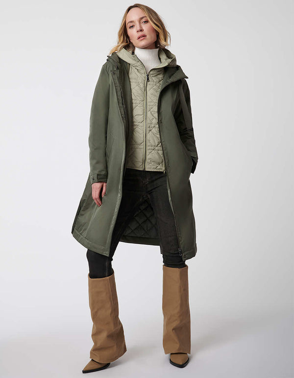 womens long length utility raincoat in sage green with water resistant outer layer material and ecoplume insulation