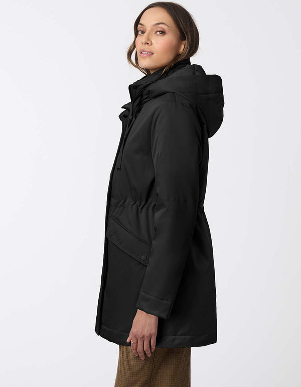 hooded semi fitted jacket for women with an adjustable drawstring hood and removable bib made from recycled fabric