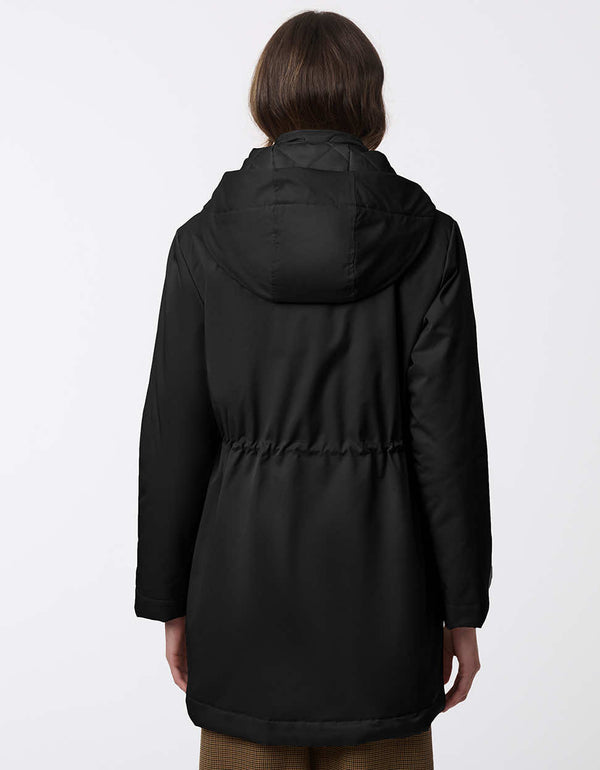 hooded semi fitted black cinched jacket for women with removable bib and adjustable hood for the rainy days