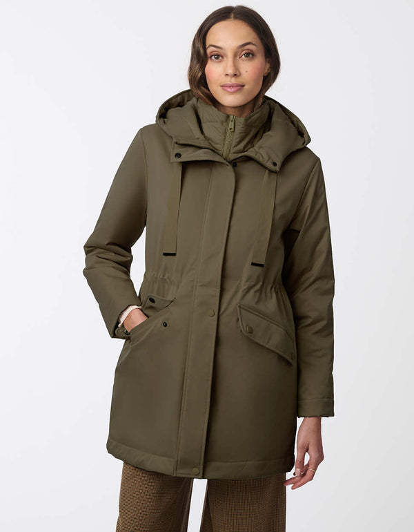 womens water resistant zip up jacket with removable insulated hood and drawstring hood in olive green