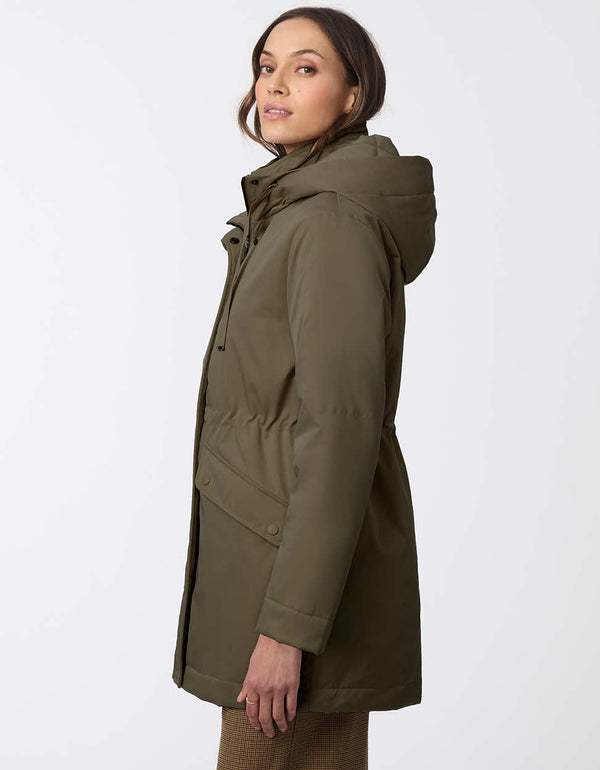 womens sustainable semi fitting thigh length zip up jacket in olive green with insulated bib and drawstring hood