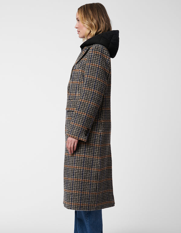 plaid long wool coat with removable bib and hood in addition to two functionable pockets for versatility style