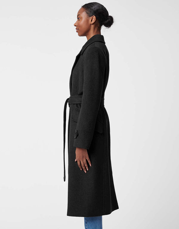 black belted wool coat for women with two covered pockets and single button enclosure for women