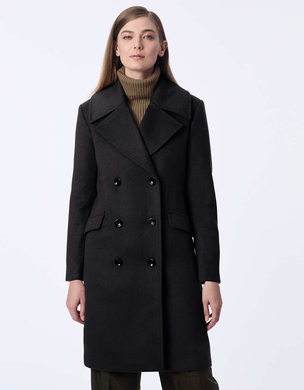 chic black wool coat featuring double breasted buttons and oversized fit for a stylish relaxed look