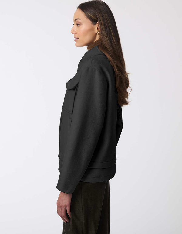 sophisticated wool trucker jacket with patch pockets and concealed zipper for women and urban adventures