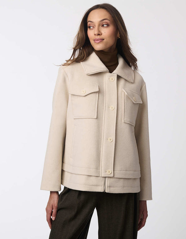 practical and stylish cream colored wool trucker jacket for women to stay warm and protected during cold rainy days