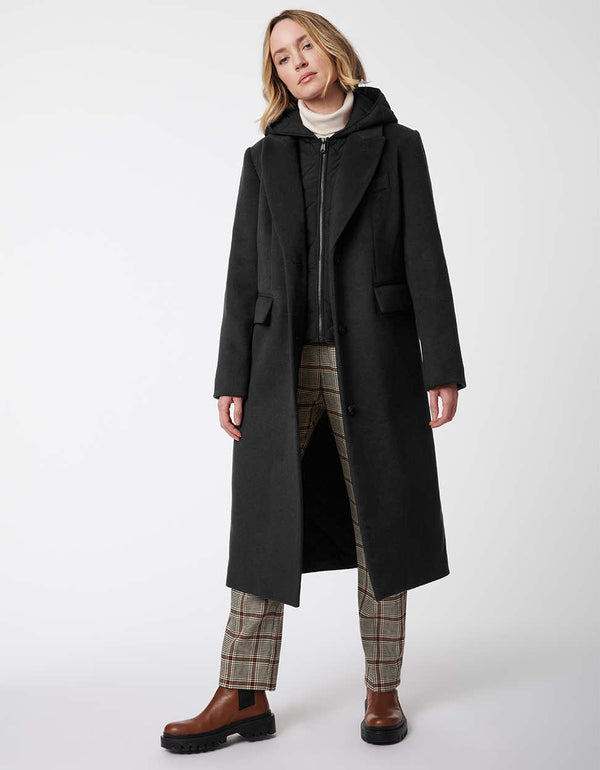 stylish and modern knee length wool coat with button up enclosure and removable zipped up bib for women