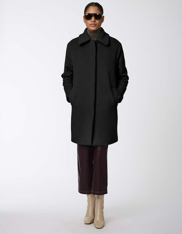 womens black winter wool coat with a streamlined design and a refined look for cooler seasons