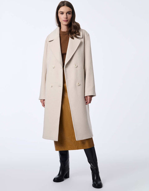 stylish putty or soft beige wool coat with a gentle drape and button accents offering chic look and warmth