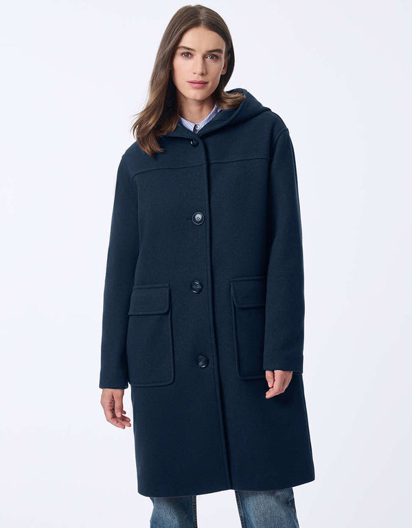 womens oversized coat with a relaxed fit knee length hood large buttons and patch pockets for modern casual style