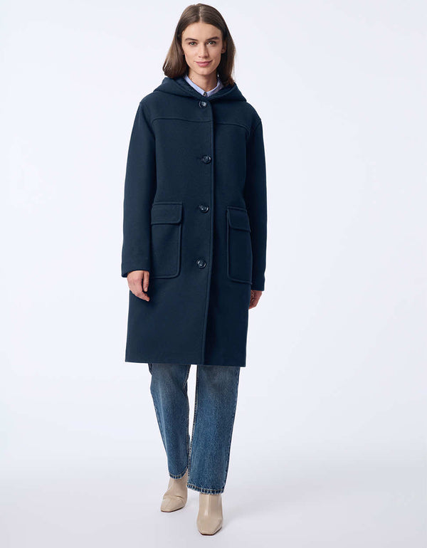 womens oversized coat with a relaxed fit knee length hood large buttons and patch pockets for modern casual style